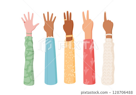 Cartoon hands showing numbers with creative gestures set. Fingers in set, illustrating counting with diverse arm poses. Ideal for educational purposes and flat style school designs. Cartoon hands showing numbers with creative gestures set. Fingers in set, illustrating counting with diverse arm poses. Ideal for educational purposes and flat style school designs. 128706488