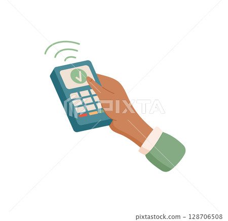 Hand holding payment terminal sticker. Gesture of transferring cash through a sale terminal. Digital payment concept, graphic style, suitable for business contexts. Hand holding payment terminal sticker. Gesture of transferring cash through a sale terminal. Digital payment concept, graphic style, suitable for business contexts. 128706508