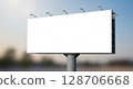 Blank billboard advertising space against a blurred outdoor background. 128706668
