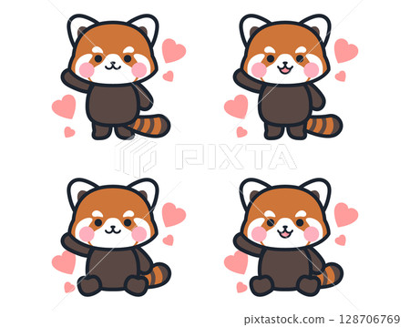 Cute mini red panda illustration set with hearts 128706769