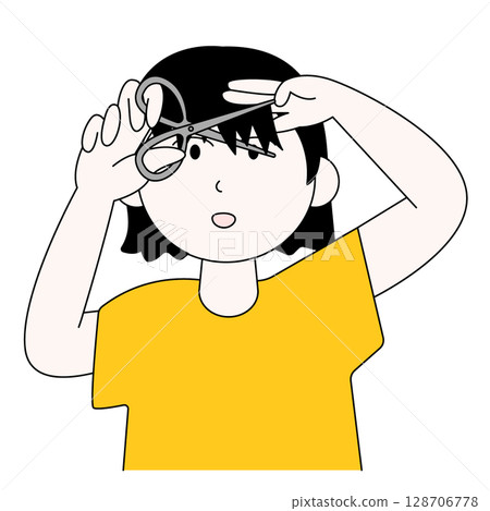 A woman who cuts her bangs herself A woman who cuts her bangs herself 128706778