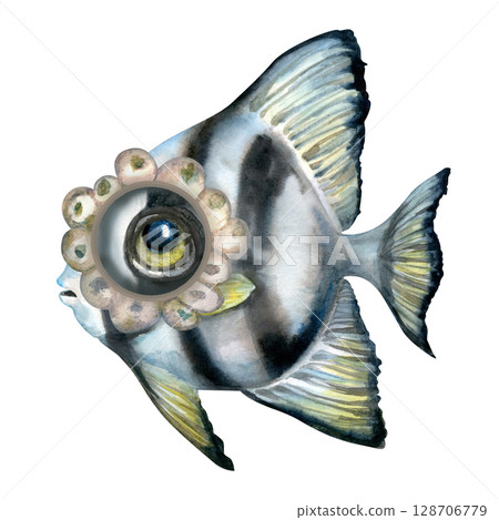 Striped tropical fish with a ring of shells around the eye - glasses. Watercolor illustration in soft blue, gray and yellow tones, combining realism and fantasy, for sea design, children's books 128706779