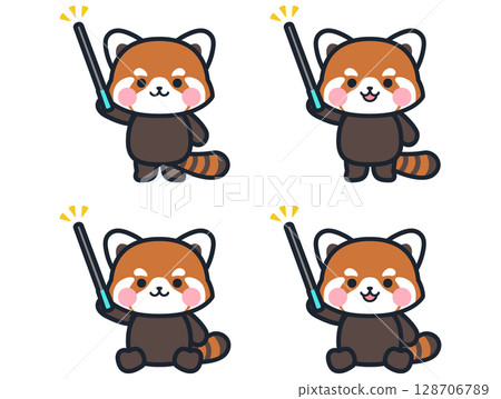 一組可愛的小紅熊貓插圖，手裡拿著一根指點棒 128706789