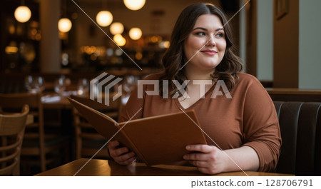 Smiling plus size woman sitting at a table in a restaurant holding a menu and looking away 128706791