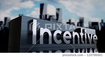 Incentive - metal cuboid and skyscrapers - 3D illustration 128706881