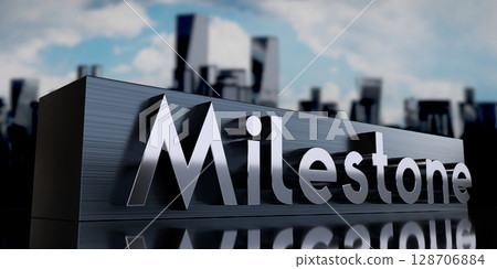 Milestone - metal cuboid and skyscrapers - 3D illustration Milestone - metal cuboid and skyscrapers - 3D illustration 128706884