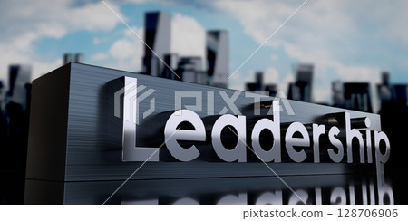Leadership - metal cuboid and skyscrapers - 3D illustration Leadership - metal cuboid and skyscrapers - 3D illustration 128706906