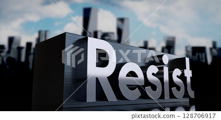 Resist - metal cuboid and skyscrapers - 3D illustration Resist - metal cuboid and skyscrapers - 3D illustration 128706917