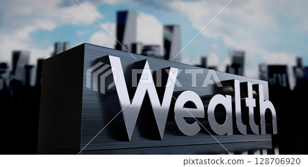 Wealth - metal cuboid and skyscrapers - 3D illustration Wealth - metal cuboid and skyscrapers - 3D illustration 128706920