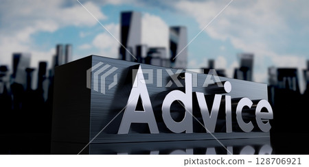 Advice - metal cuboid and skyscrapers - 3D illustration Advice - metal cuboid and skyscrapers - 3D illustration 128706921