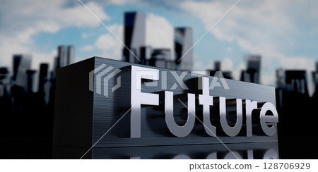 Future - metal cuboid and skyscrapers - 3D illustration 128706929