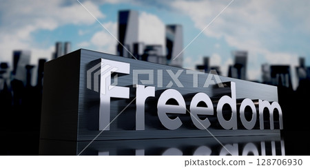 Freedom - metal cuboid and skyscrapers - 3D illustration 128706930