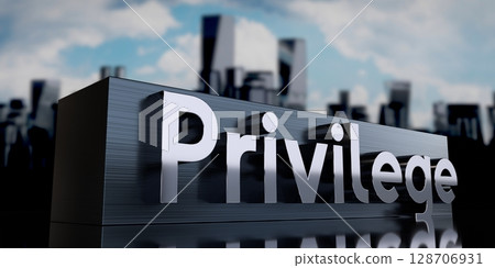 Privilege - metal cuboid and skyscrapers - 3D illustration 128706931