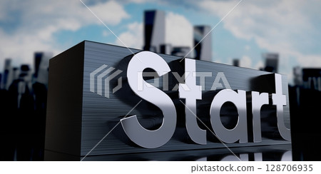 Start - metal cuboid and skyscrapers - 3D illustration Start - metal cuboid and skyscrapers - 3D illustration 128706935