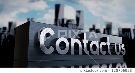 Contact us - metal cuboid and skyscrapers - 3D illustration 128706938