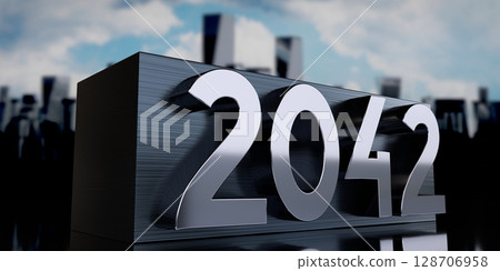 2042 - metal cuboid and skyscrapers - 3D illustration 128706958