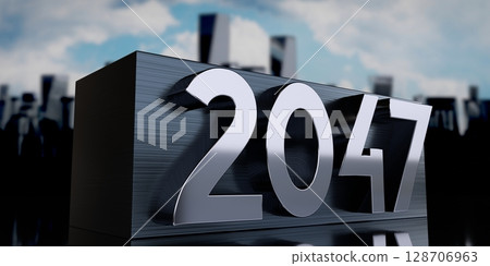 2047 - metal cuboid and skyscrapers - 3D illustration 2047 - metal cuboid and skyscrapers - 3D illustration 128706963
