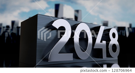 2048 - metal cuboid and skyscrapers - 3D illustration 2048 - metal cuboid and skyscrapers - 3D illustration 128706964