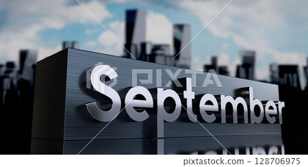 September - metal cuboid and skyscrapers - 3D illustration September - metal cuboid and skyscrapers - 3D illustration 128706975
