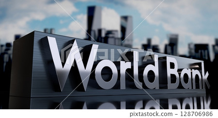 World bank - metal cuboid and skyscrapers - 3D illustration 128706986