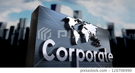 Corporate - metal cuboid, world map and skyscrapers - 3D illustration Corporate - metal cuboid, world map and skyscrapers - 3D illustration 128706990