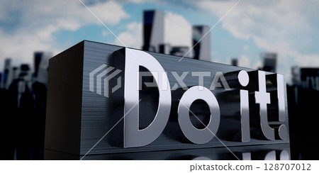 Do it - metal cuboid and skyscrapers - 3D illustration Do it - metal cuboid and skyscrapers - 3D illustration 128707012