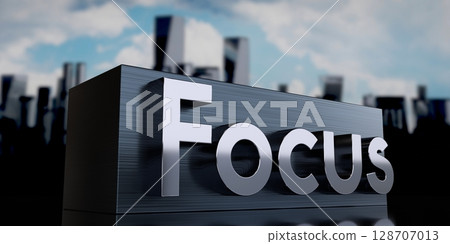 Focus - metal cuboid and skyscrapers - 3D illustration 128707013