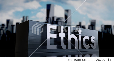 Ethics - metal cuboid and skyscrapers - 3D illustration Ethics - metal cuboid and skyscrapers - 3D illustration 128707014