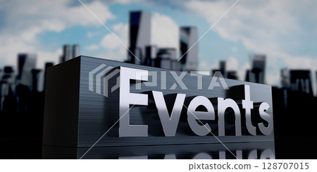 Events - metal cuboid and skyscrapers - 3D illustration Events - metal cuboid and skyscrapers - 3D illustration 128707015