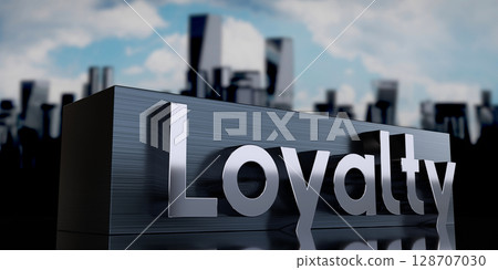 Loyalty - metal cuboid and skyscrapers - 3D illustration 128707030