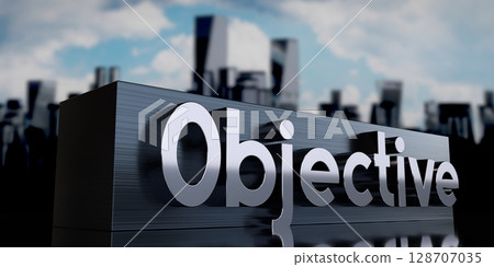 Objective - metal cuboid and skyscrapers - 3D illustration 128707035