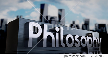Philosophy - metal cuboid and skyscrapers - 3D illustration 128707036