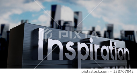 Inspiration - metal cuboid and skyscrapers - 3D illustration 128707042