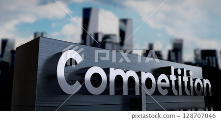 Competition - metal cuboid and skyscrapers - 3D illustration Competition - metal cuboid and skyscrapers - 3D illustration 128707046