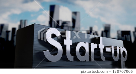 Start-up - metal cuboid and skyscrapers - 3D illustration 128707066