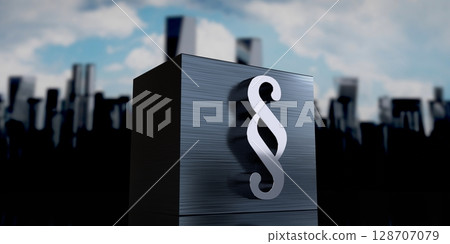 Paragraph sign - metal cuboid and skyscrapers - 3D illustration Paragraph sign - metal cuboid and skyscrapers - 3D illustration 128707079