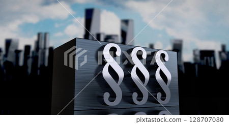 Paragraph signs - metal cuboid and skyscrapers - 3D illustration Paragraph signs - metal cuboid and skyscrapers - 3D illustration 128707080