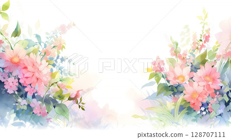 Watercolor floral horizontal border with wild flowers on white background with copy space. Artistic botanical border Watercolor floral horizontal border with wild flowers on white background with copy space. Artistic botanical border 128707111
