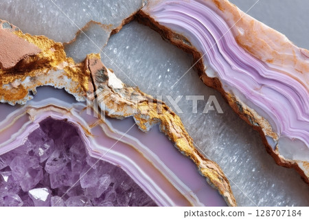 Layered semiprecious quartz geode slice with translucent crystal texture 128707184