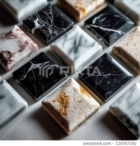Mixed marble mosaic tiles including Calacatta, Nero Marquina and Travertine in geometric arrangement 128707292