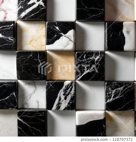 Nero Marquina, Calacatta, and Travertine marble mosaic tiles in a geometric checkerboard pattern, modern decorative background with elegant natural stone texture closeup 128707372