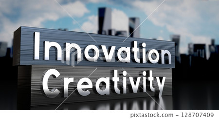 Innovation, creativity - metal blocks and skyscrapers - 3D illustration Innovation, creativity - metal blocks and skyscrapers - 3D illustration 128707409