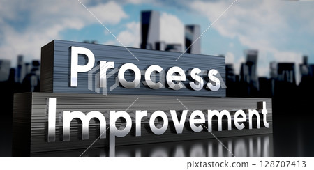 Process improvement - metal blocks and skyscrapers - 3D illustration Process improvement - metal blocks and skyscrapers - 3D illustration 128707413