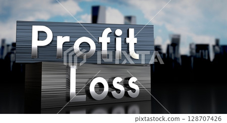 Profit, loss - metal blocks and skyscrapers - 3D illustration 128707426