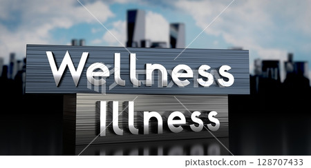 Wellness, illness - metal blocks and skyscrapers - 3D illustration Wellness, illness - metal blocks and skyscrapers - 3D illustration 128707433