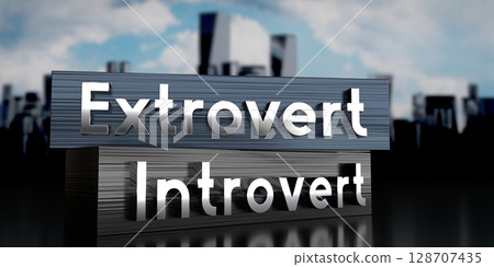 Extrovert, introvert - metal blocks and skyscrapers - 3D illustration Extrovert, introvert - metal blocks and skyscrapers - 3D illustration 128707435