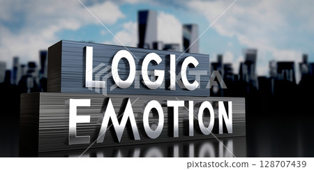 Logic, emotion - metal blocks and skyscrapers - 3D illustration 128707439