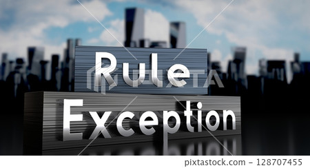 Rule, exception - metal blocks and skyscrapers - 3D illustration 128707455