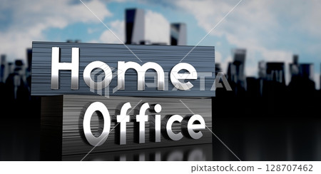 Home office - metal blocks and skyscrapers - 3D illustration 128707462