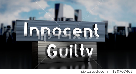 Innocent, guilty - metal blocks and skyscrapers - 3D illustration 128707465